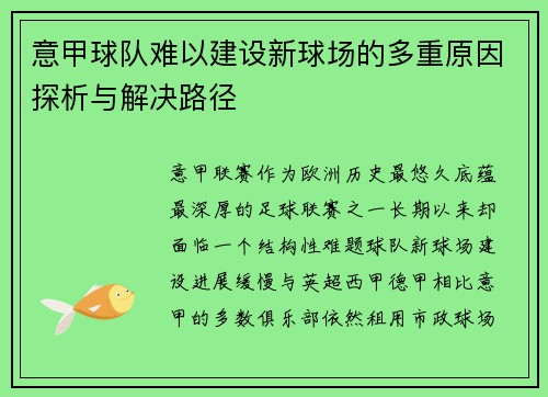 意甲球队难以建设新球场的多重原因探析与解决路径 意甲球队难以建设新球场的多重原因探析与解决路径