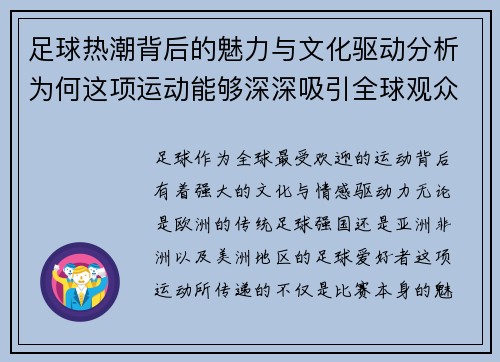 足球热潮背后的魅力与文化驱动分析为何这项运动能够深深吸引全球观众