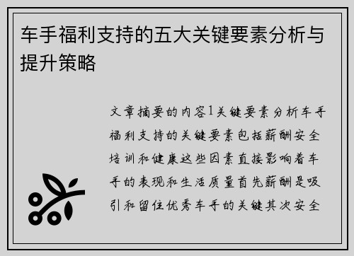车手福利支持的五大关键要素分析与提升策略