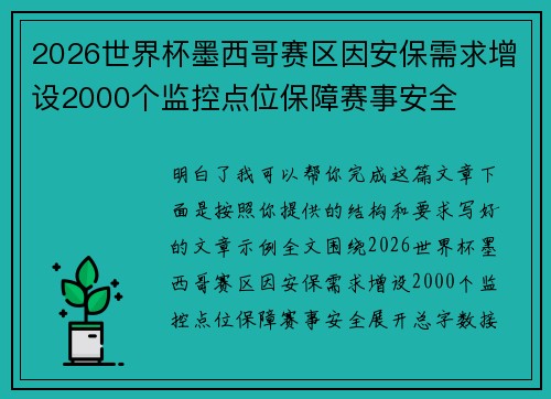 2026世界杯墨西哥赛区因安保需求增设2000个监控点位保障赛事安全