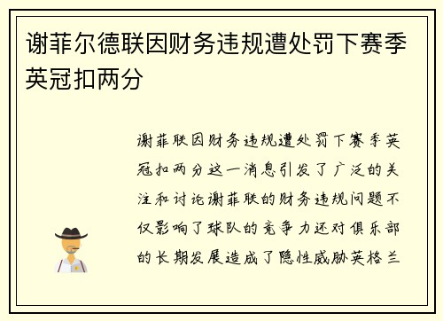 谢菲尔德联因财务违规遭处罚下赛季英冠扣两分